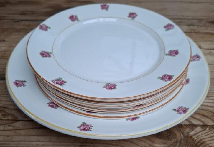 Oude Franse brocante roze roosjes borden, Digoin, Enlèvement ou Envoi