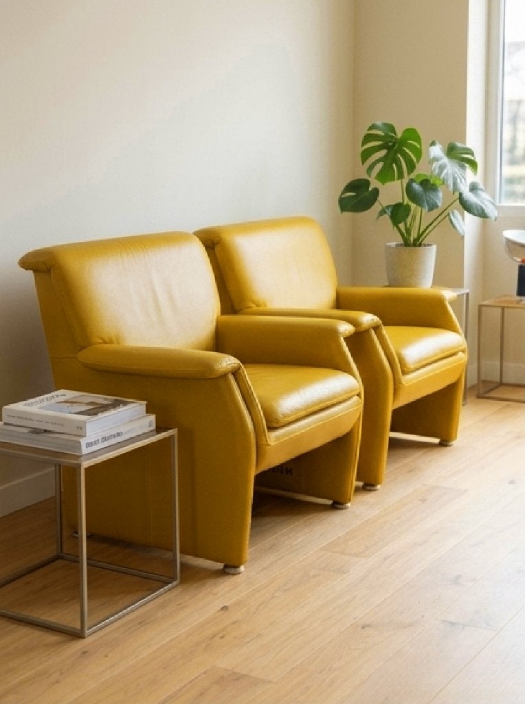 Set van 2 Belform design fauteuils – okergeel topleder, Ophalen, Zo goed als nieuw, 75 tot 100 cm, Leer