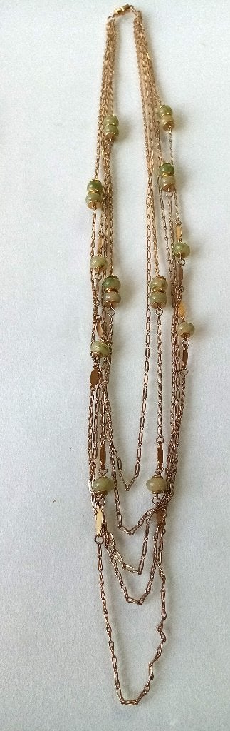 Gouden halsketting, aquagroene parels, 5 rijen, '80s perfect, Ophalen, Zo goed als nieuw, Groen, Overige materialen