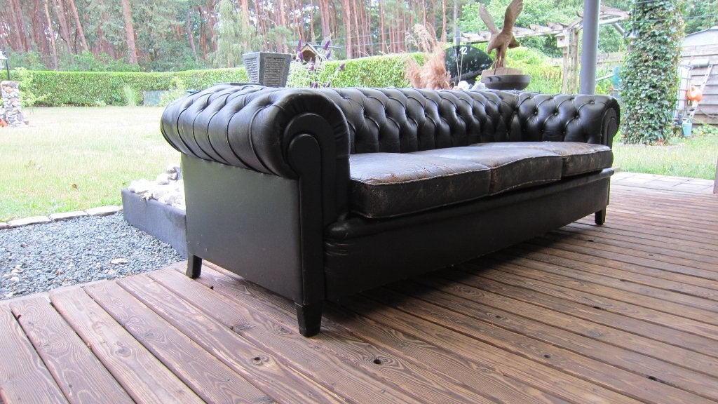 Orginele Chesterfield 3-zits bank zwart/vintage/leder. Mooi!, Ophalen, Gebruikt, Vintage, Driepersoons