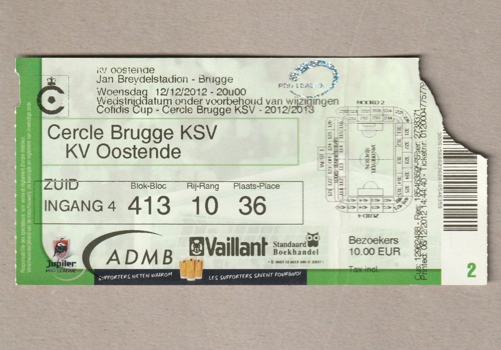 1 ticket Cercle Brugge - KV Oostende, Cofidis Cup 12/12/2012, Ophalen of Verzenden, Gebruikt, Overige typen