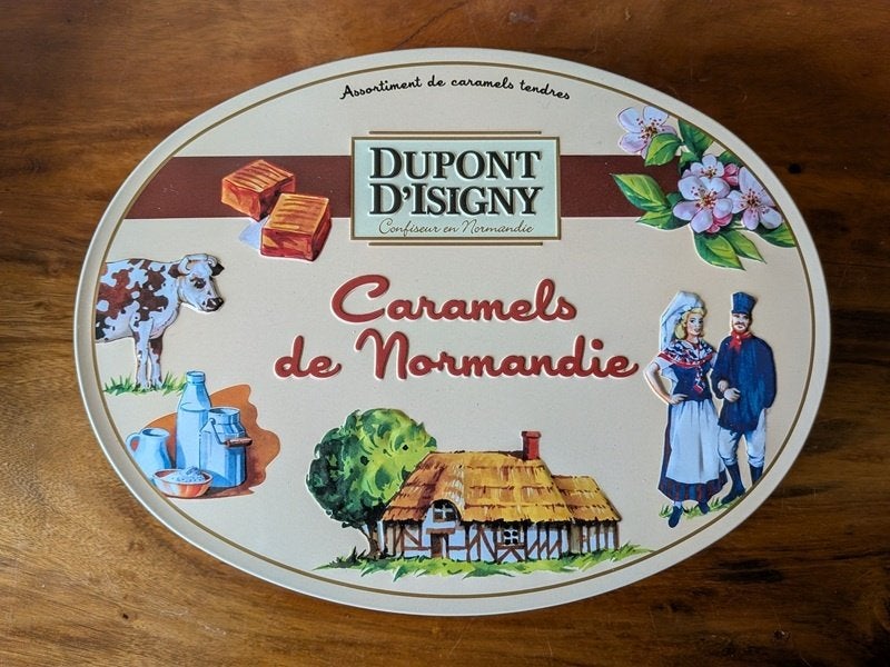 boîte en métal : Caramels de Normandie Dupont d' Isigny, Collections, Boîte en métal, Enlèvement, Utilisé