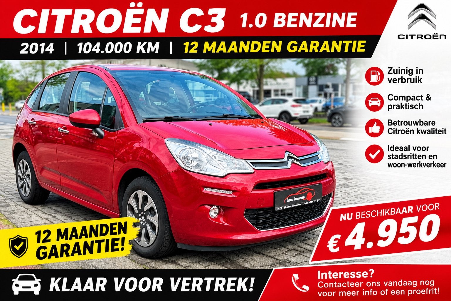 Citroen C3 1.0i 104.000Km 2014 Airco*Cruis controle Garantie, Auto's, Voorwielaandrijving, Dealer onderhouden, Stof, 50 kW