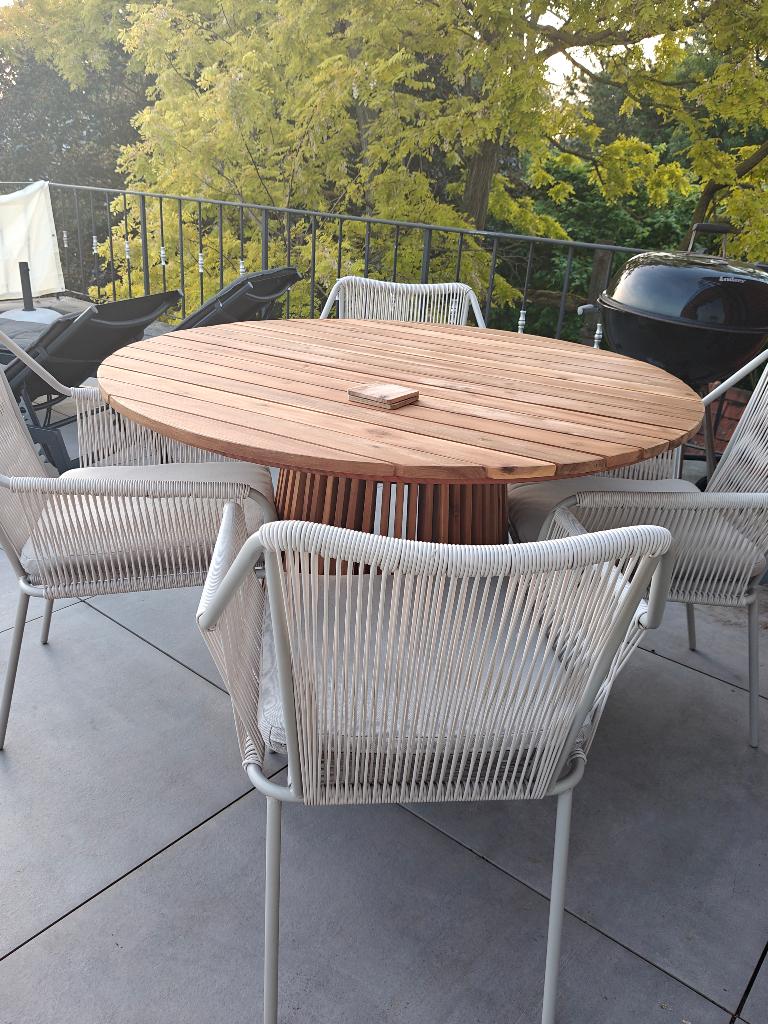 Set van 4 tuinstoelen+2 ligzetels met kussens, Ophalen, Zo goed als nieuw, Kunststof, Stapelbaar