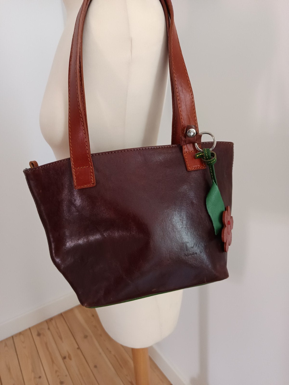 Bruine leren handtas T. Nobile met kleuraccent, Ophalen of Verzenden, Groen, Handtas