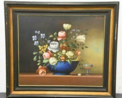 huile sur panneau ‘fleur’ signe carl prevot, Antiek en Kunst, Ophalen of Verzenden
