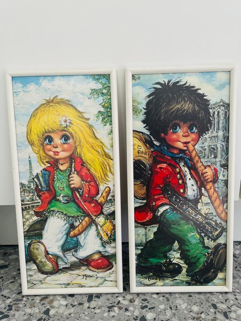 Vintage kaders 47x22cm setprijs jongen & meisje in Parijs, Ophalen of Verzenden