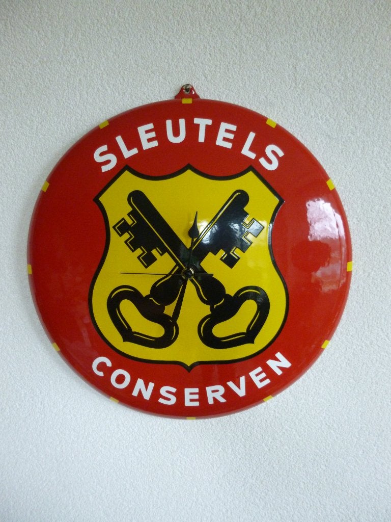 EMAILLE RECLAMEKLOK"SLEUTELS CONSERVEN"UIT JAREN 60, Collections, Enlèvement ou Envoi, Utilisé, Panneau publicitaire