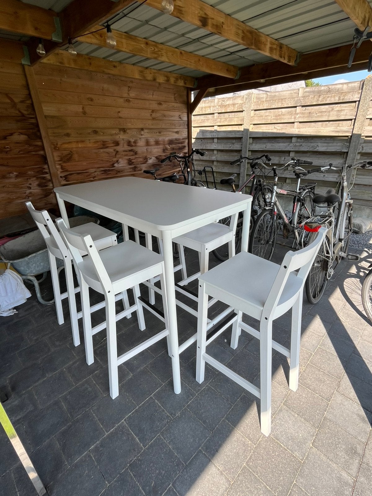 Bartafel met 5 barkrukken, Tuin en Terras, Ophalen, Gebruikt