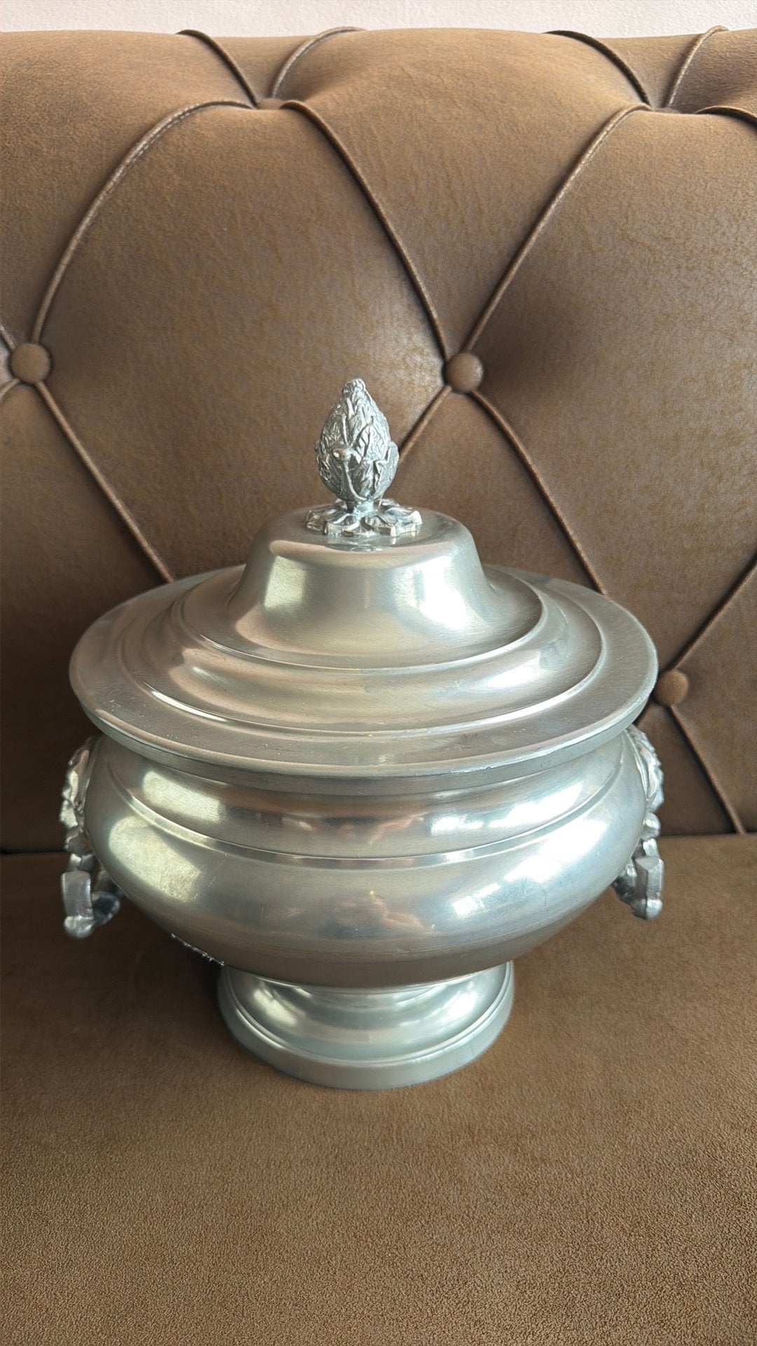 Vintage TINBEL tinnen sierpot met deksel, Antiquités & Art, Antiquités | Étain, Enlèvement