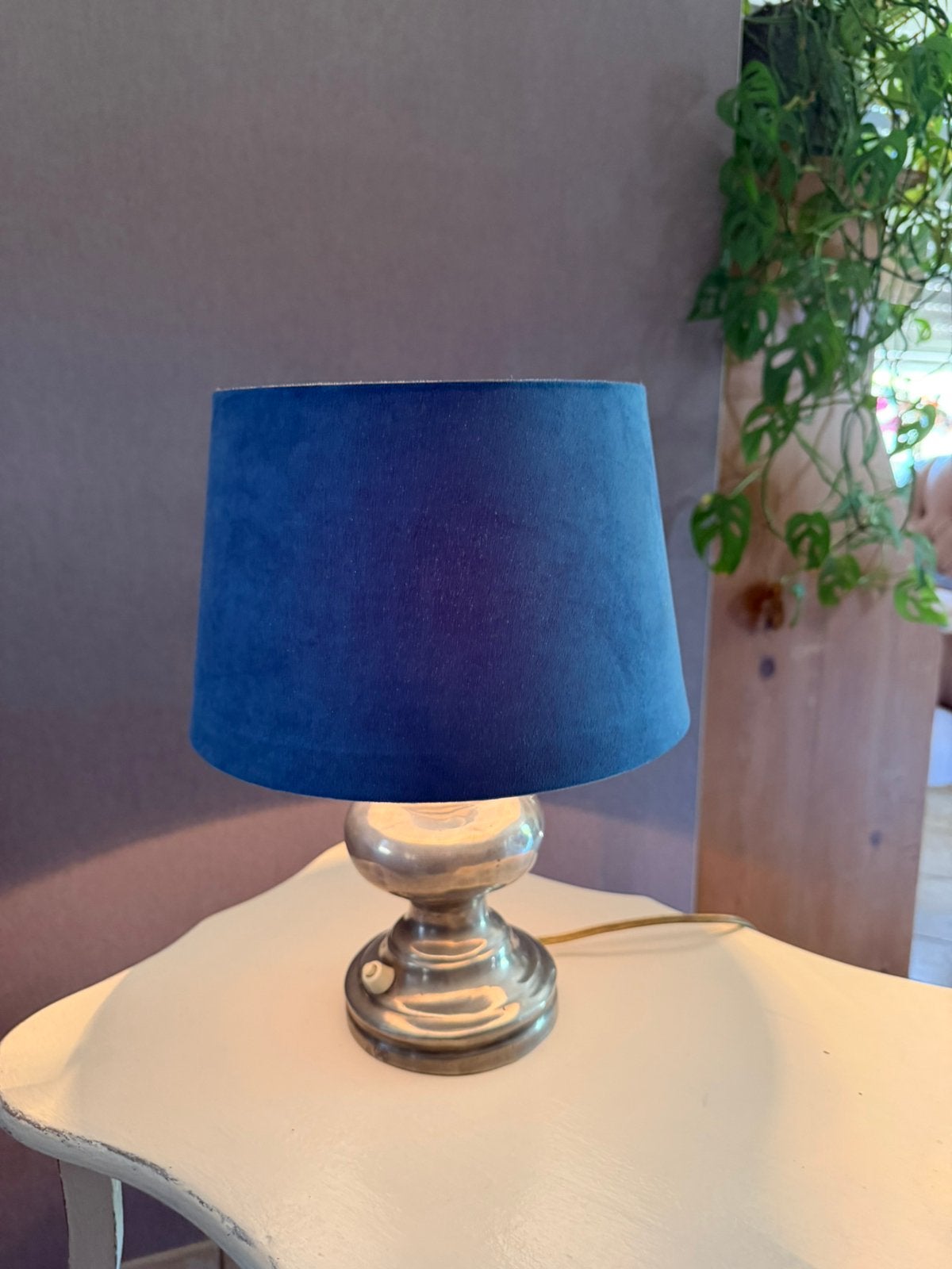 Lamp sfeer echte tin blauwe kap, Huis en Inrichting, Ophalen, Zo goed als nieuw