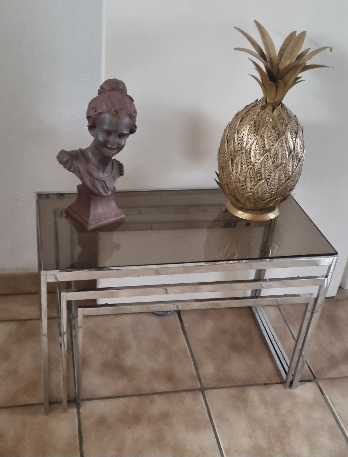 tables gigognes  vintage métal chromé & Verre Fumé, Huis en Inrichting, Tafels | Sidetables, Ophalen, Gebruikt, Glas, Vintage année 70