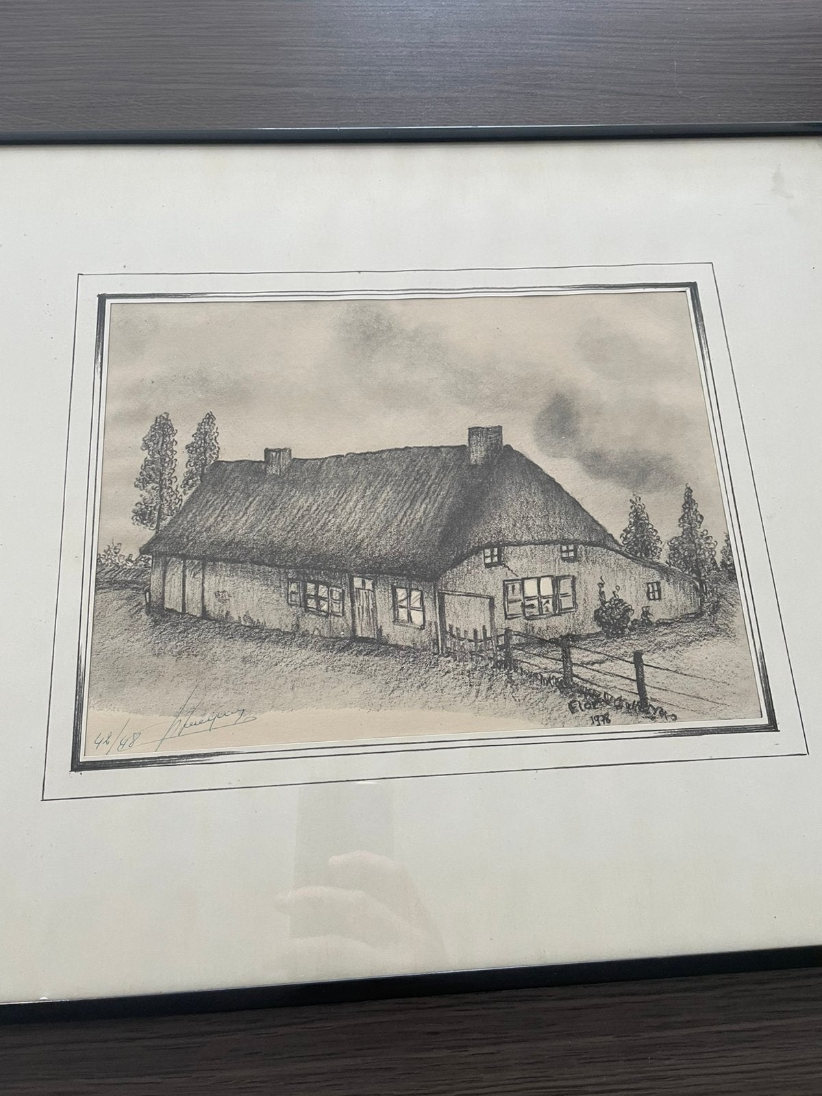 Ingelijste tekening van boerderij, genummerd, Ophalen