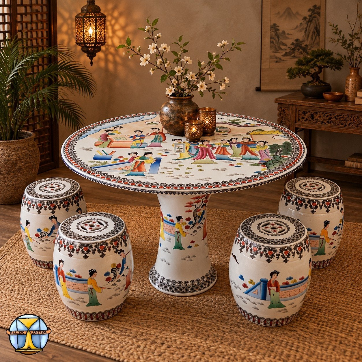Vintage Chinese eettafel met 4 zitjes van keramiek (Oosters), Ophalen of Verzenden, Nieuw, Vintage  / chinees  / Aziatisch  / oosters / bohemian