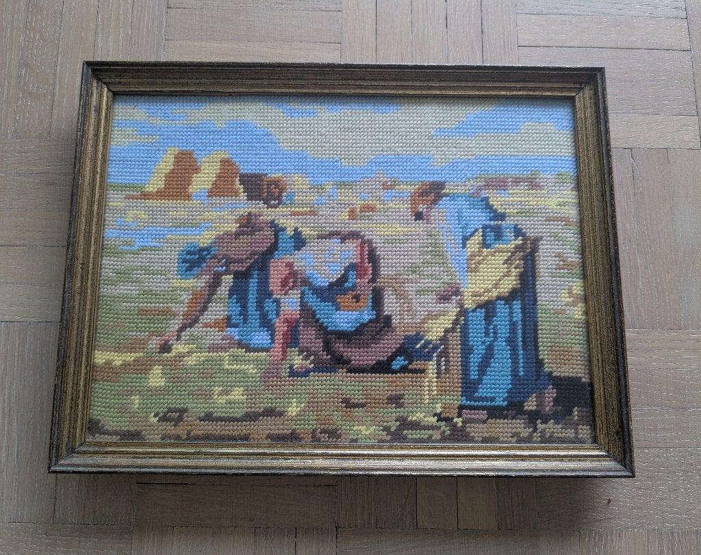vintage geborduurd schilderij 'de arenleesters', Antiek en Kunst, Realistisch, Ophalen of Verzenden, Stads- / dorpsgezicht, Overige technieken