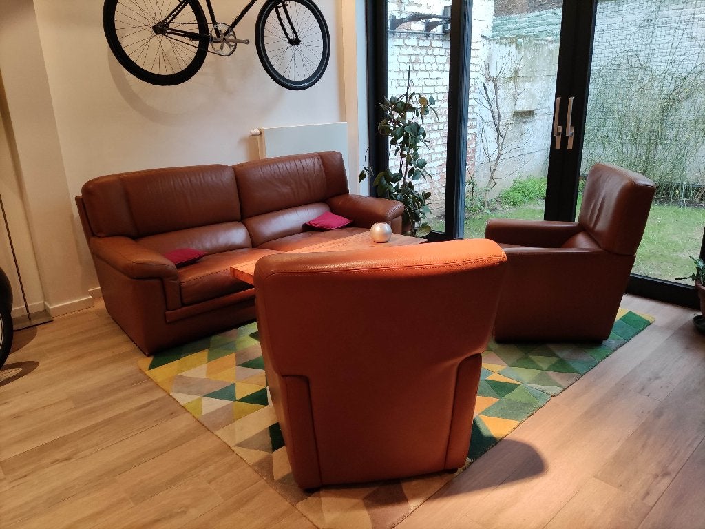 Vintage CAMIF lounge in cognac leer — bank + 2 fauteuils, Ophalen, Gebruikt, Driepersoons, Leer