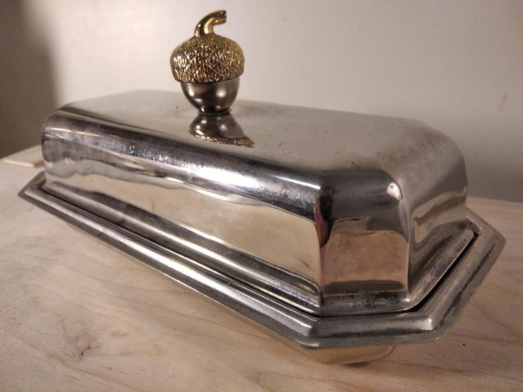 Beurrier ancien en métal argenté avec noix dorée - Vintage, Enlèvement ou Envoi, Argent