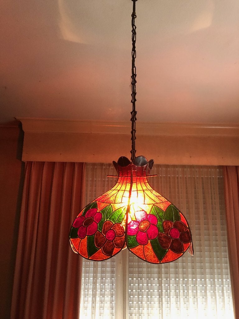 Art deco genre Tiffany style hanglamp, Ophalen, Gebruikt, Glas