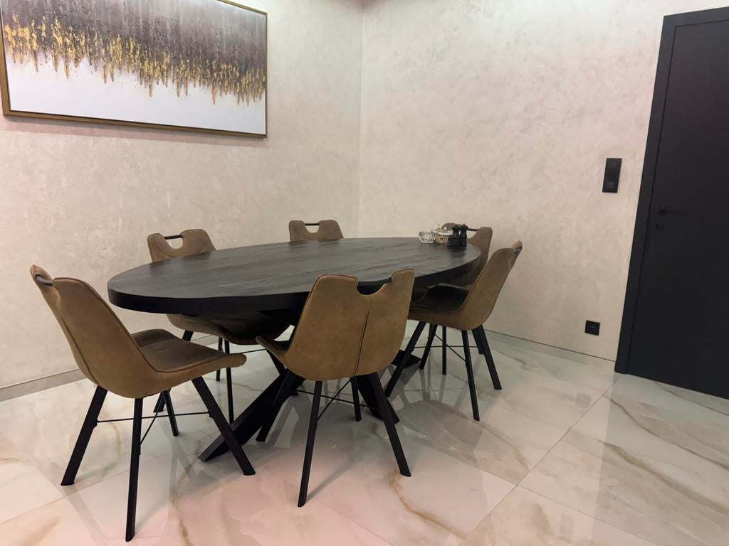 Moderne eettafel met 6 stoelen + salontafel - set, Ophalen, Zo goed als nieuw, Vijf personen of meer, Ovaal