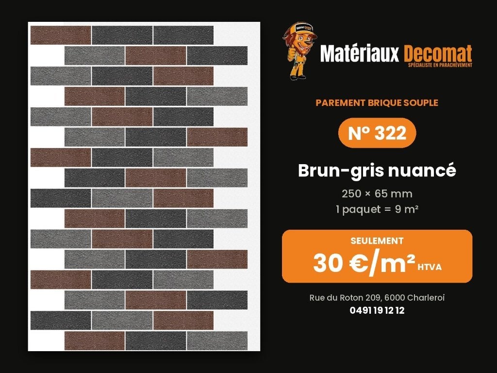 Parement brique souple - N 322 Brun-gris nuancé - 30 €/m², Bricolage & Construction, Enlèvement, Neuf, Briques