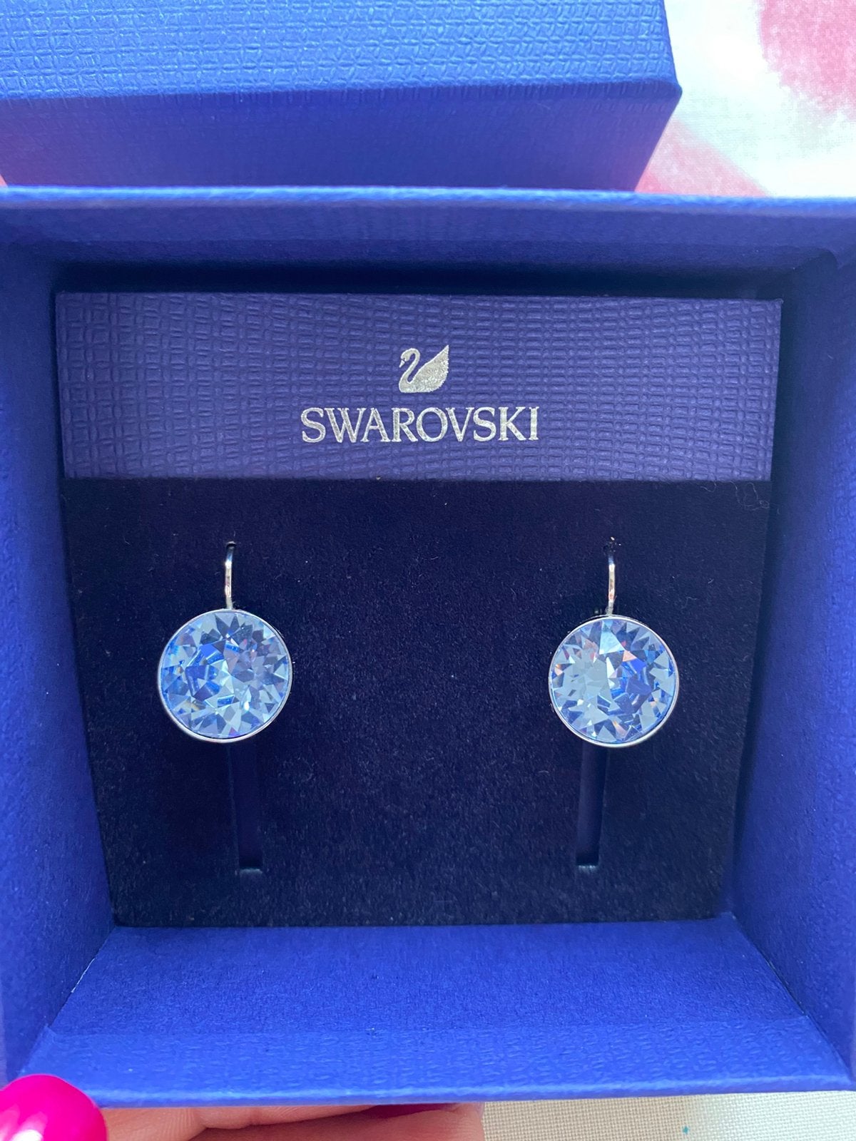 Boucles d’oreilles Swarovski en argent et pierres bleues, Enlèvement ou Envoi, Comme neuf, Avec strass, Argent