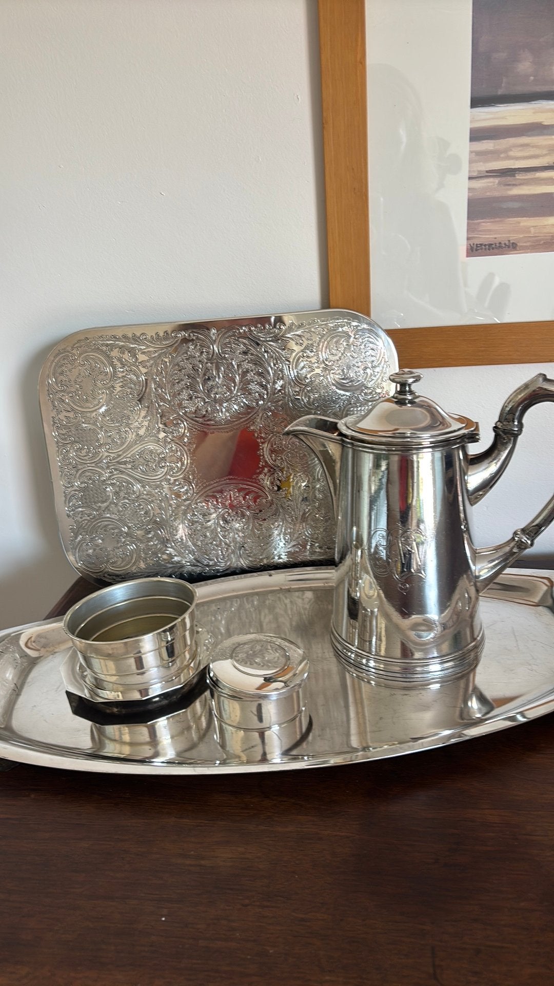 Verzilverd koffie/thee set met dienbladen, Antiek en Kunst, Ophalen, Zilver