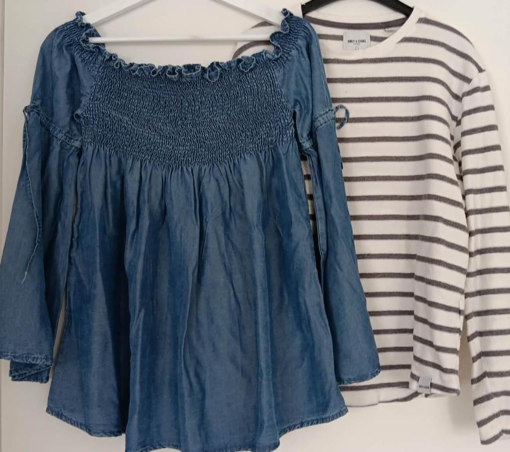 Gestreepte trui en jeansbloes - Maat M, Kleding | Dames, Blouses en Tunieken, Ophalen, Gedragen, Maat 38/40 (M), Blauw