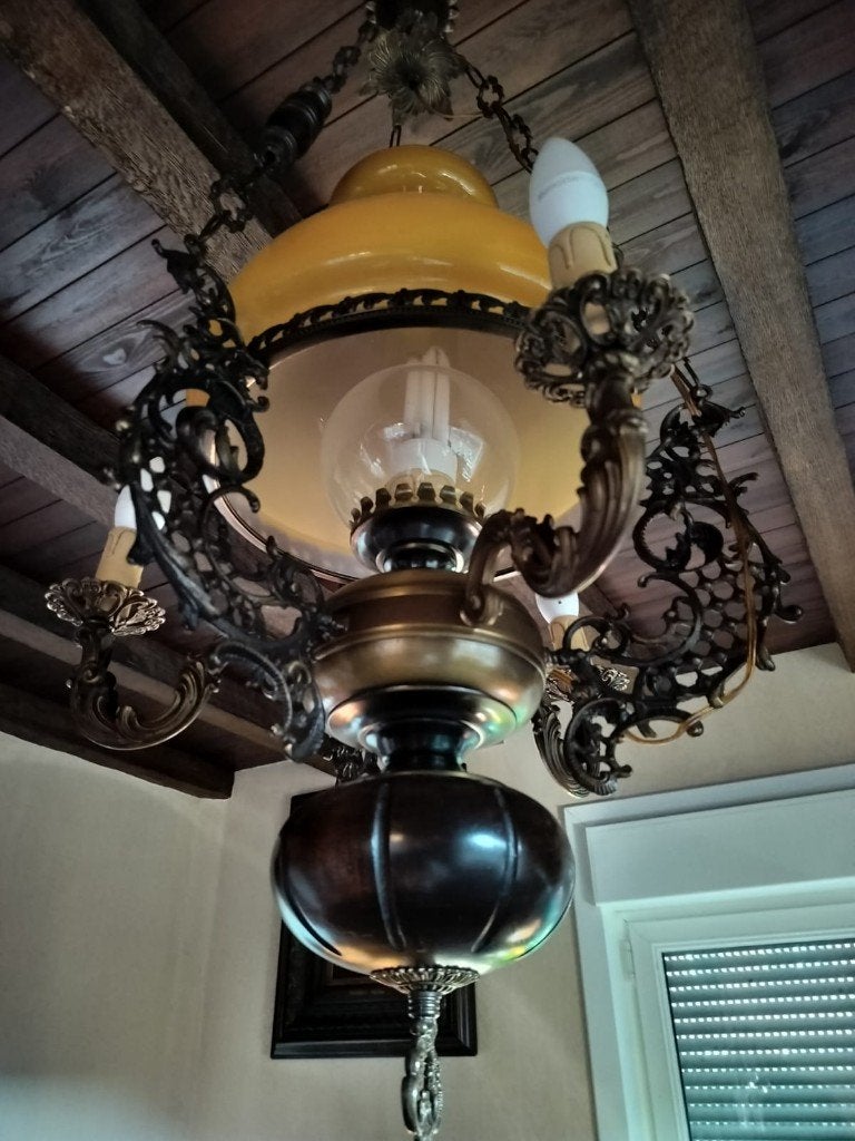 Luster met kap, Huis en Inrichting, Lampen | Kroonluchters, Ophalen, Gebruikt, Glas