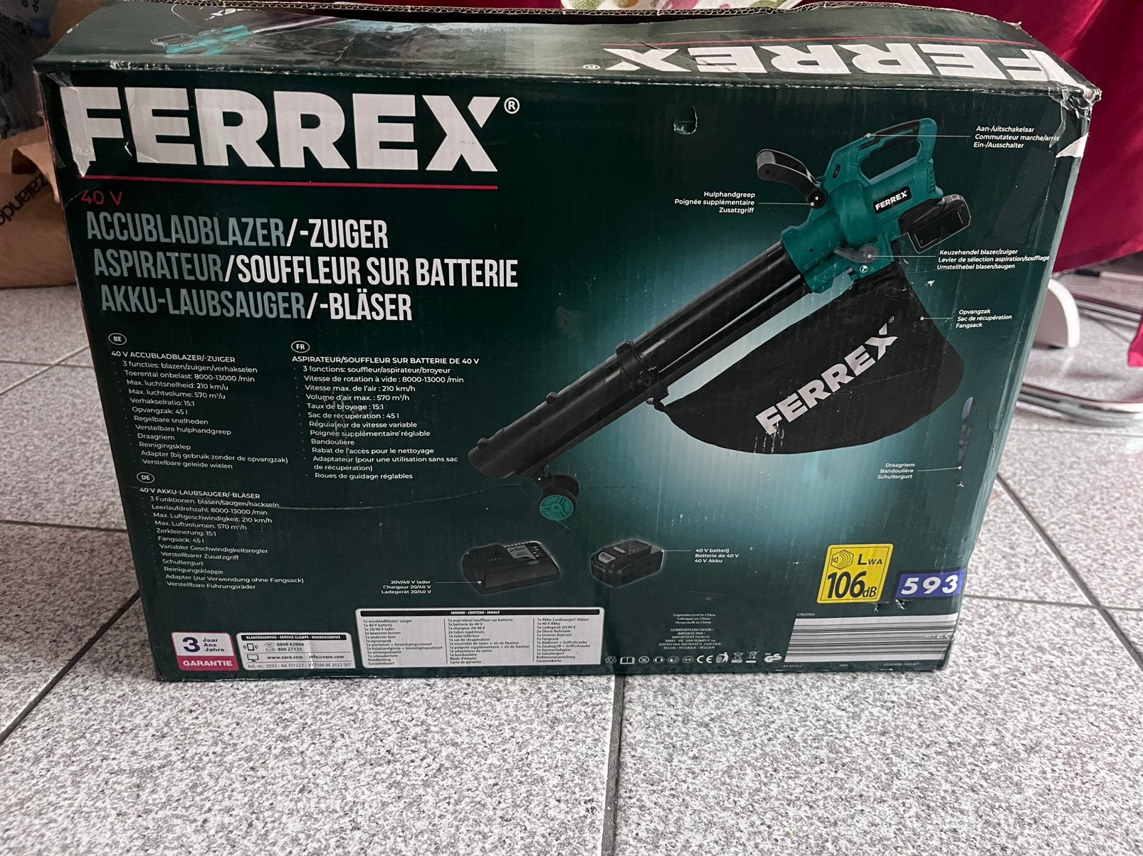FERREX stofzuiger/blazer op 40V batterij — batterij + ch, Met opvangzak, Ophalen of Verzenden, Zo goed als nieuw, Accu