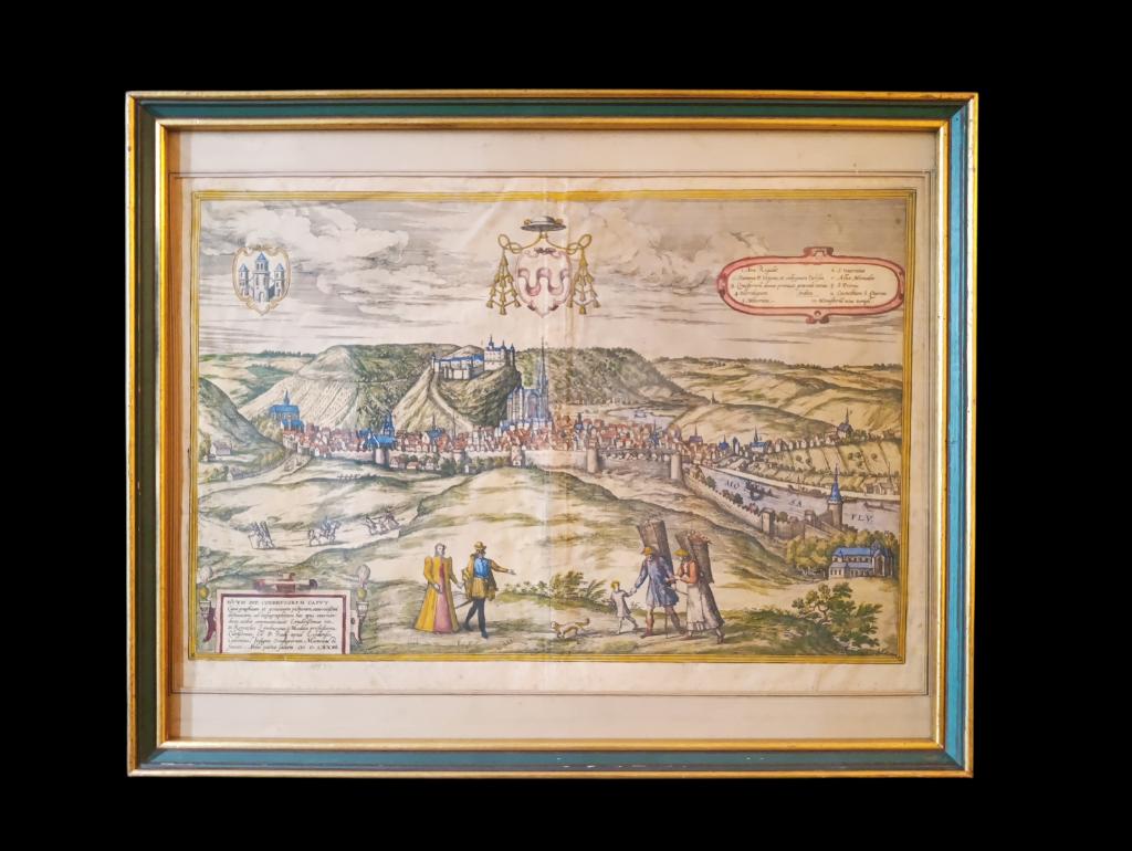 HUY 1574, gravure rehaussée à l'aquarelle., Antiquités & Art, Art | Eaux-fortes & Gravures, 31 cm, Enlèvement ou Envoi, Avant 1600