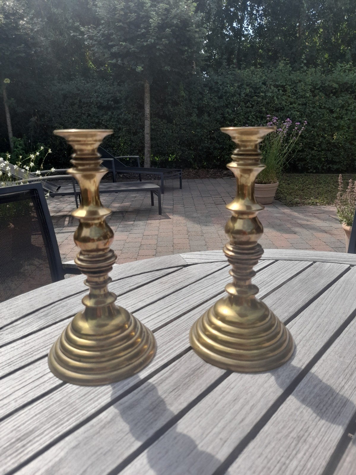 Set Victoriaanse koperen kandelaars eind 19e E, Ophalen of Verzenden