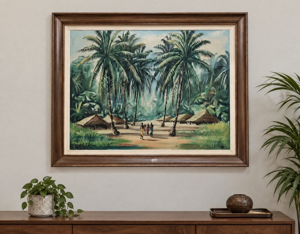 Tableau art africain, peinture sur toile, 74  94 cm, signé, Antiquités & Art, Peinture à l'huile, Enlèvement, Encadré, Paysage urbain / rural
