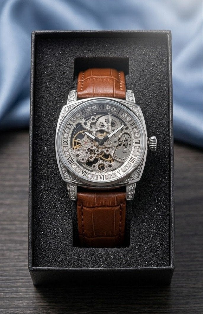 Montre automatique squelette — Bracelet cuir marron, Envoi, État, Neuf, Argent