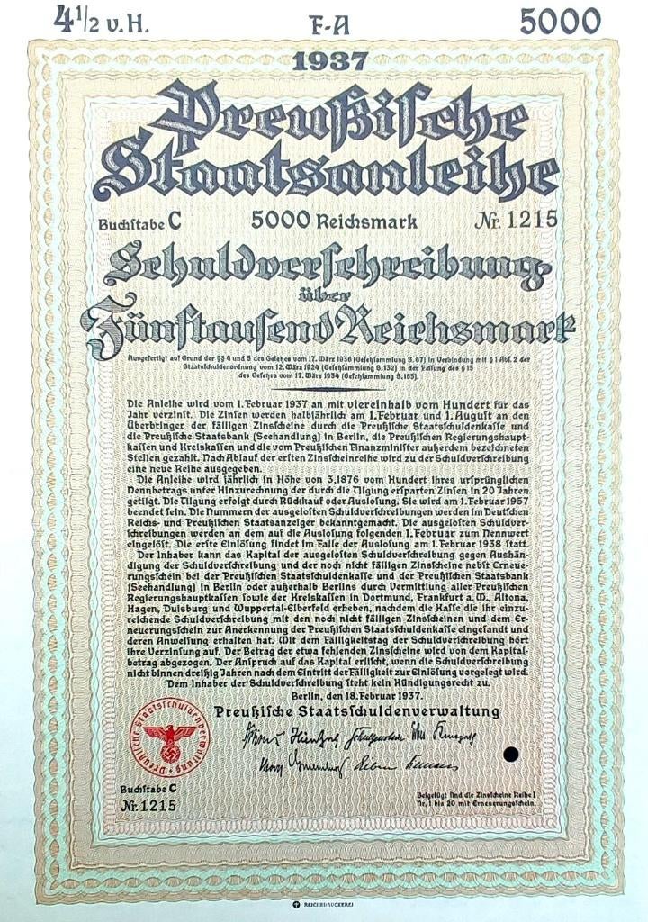 Preussische Staatsobligatie 1937, Postzegels en Munten, Aandelen en Waardepapieren, Ophalen of Verzenden, 1920 tot 1950, Obligatie of Lening