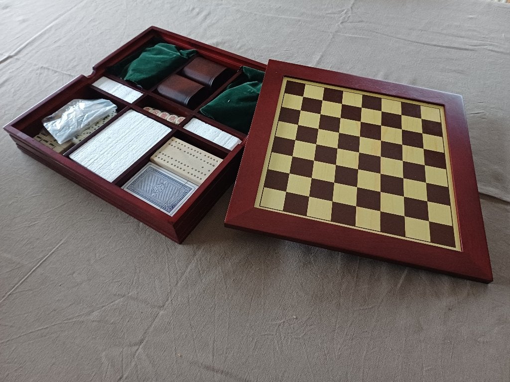 Luxe kersenhouten spelset 7 in 1, Hobby & Loisirs créatifs, Trois ou quatre joueurs, Enlèvement, Comme neuf