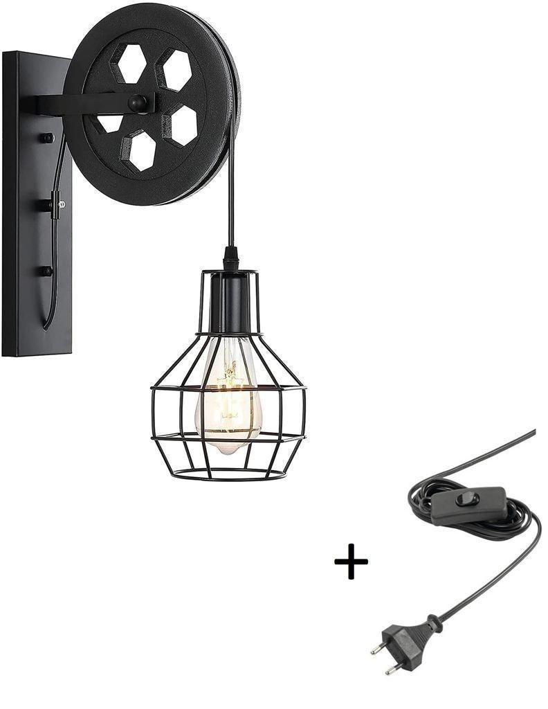 Wandlamp Zwart - Stekker & Schakelaar - Katrol lamp vintage, Enlèvement ou Envoi, Neuf