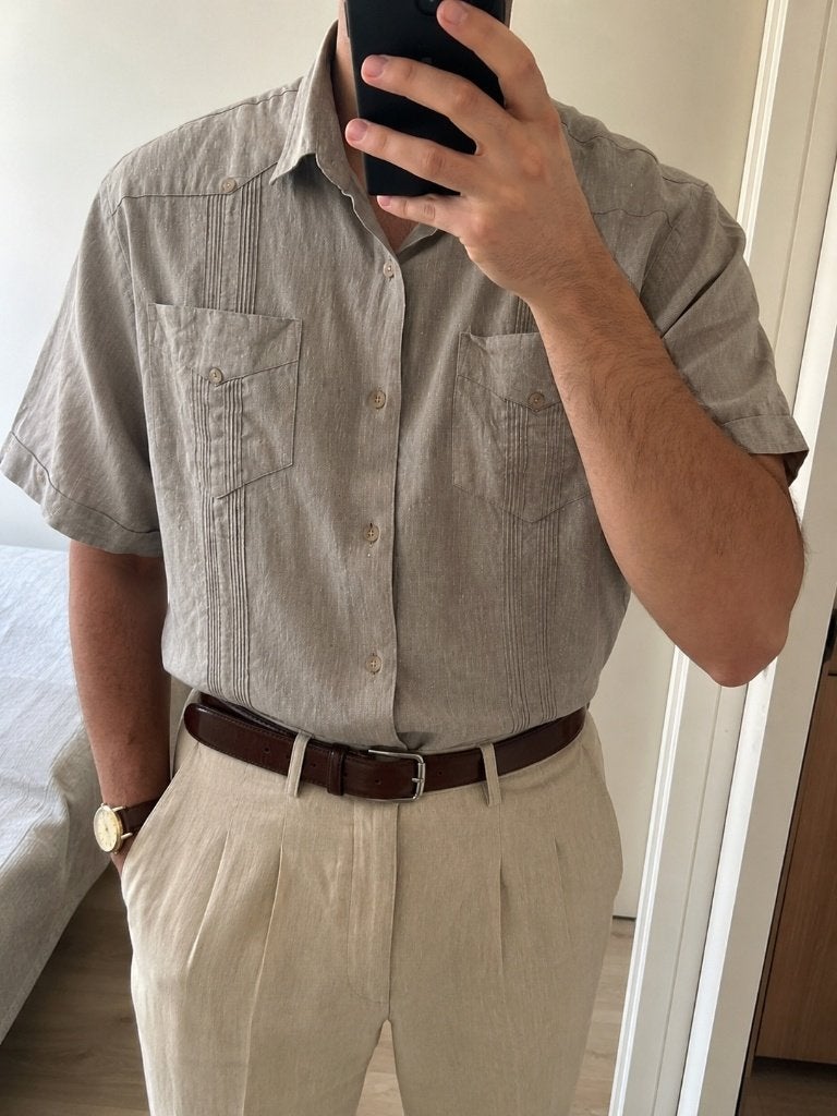 Chemise beige Guayabera M à manches courtes Old Money, Tour de cou 39/40 (M), No brand, Beige, Comme neuf