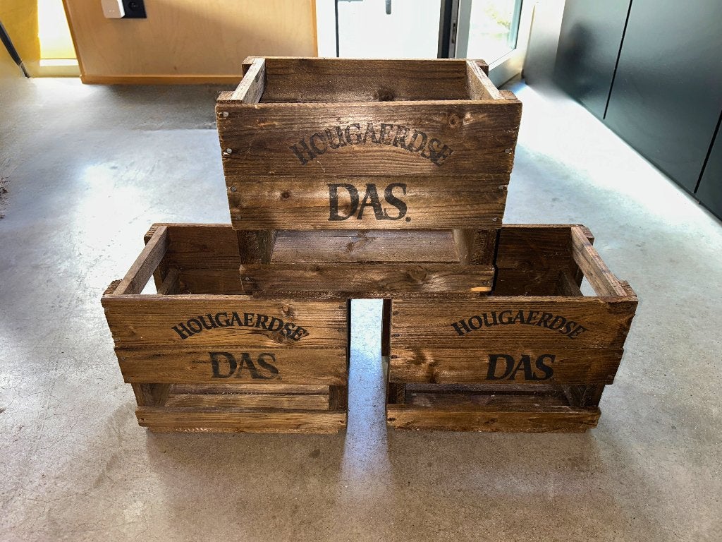 3 houten bierkratjes Hougaerdse DAS, Verzamelen, Biermerken, Ophalen, Gebruikt, Overige typen