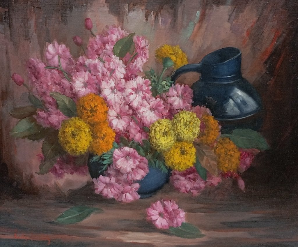 PEINTURE D'EDGAR LOCKS, Antiquités & Art, Enlèvement ou Envoi, Toile, Fleurs, Signé