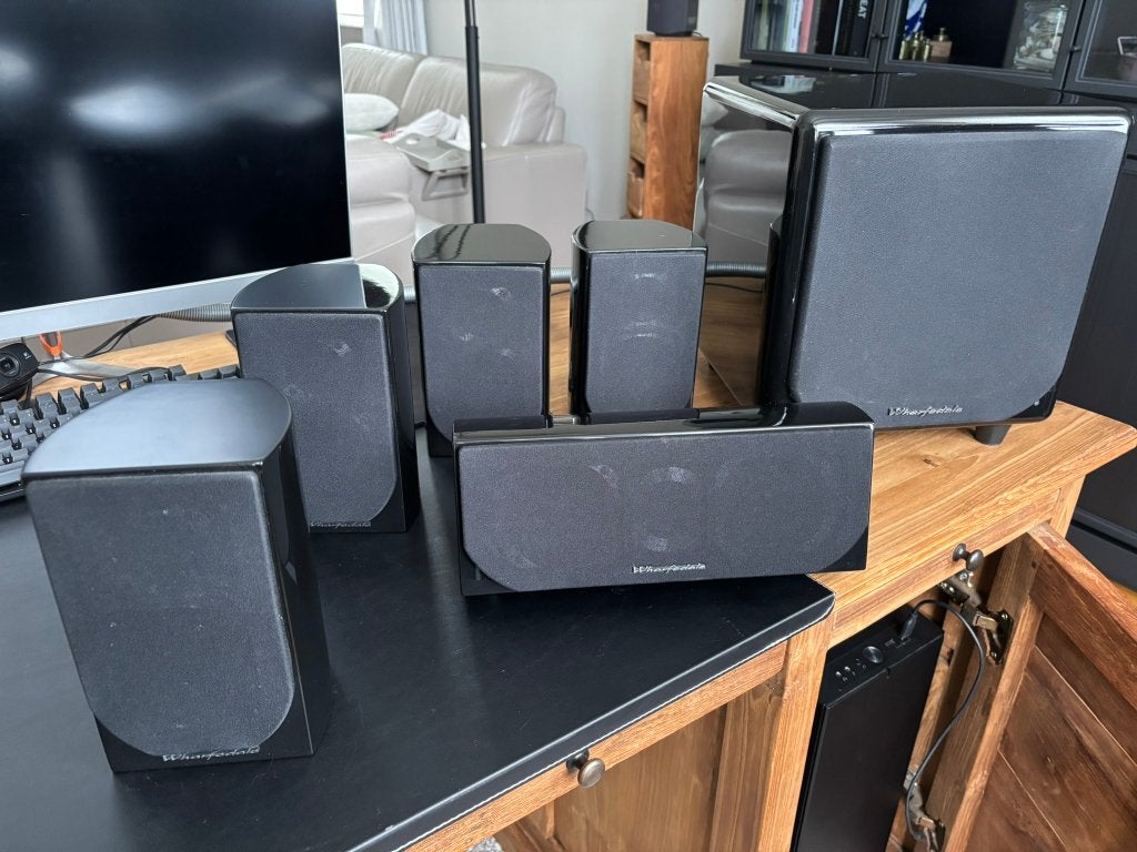 Wharfedale DX-1 HCP (zwart) 5.1 speaker set met top geluid, Zo goed als nieuw, Complete surroundset, 120 watt of meer, Ophalen