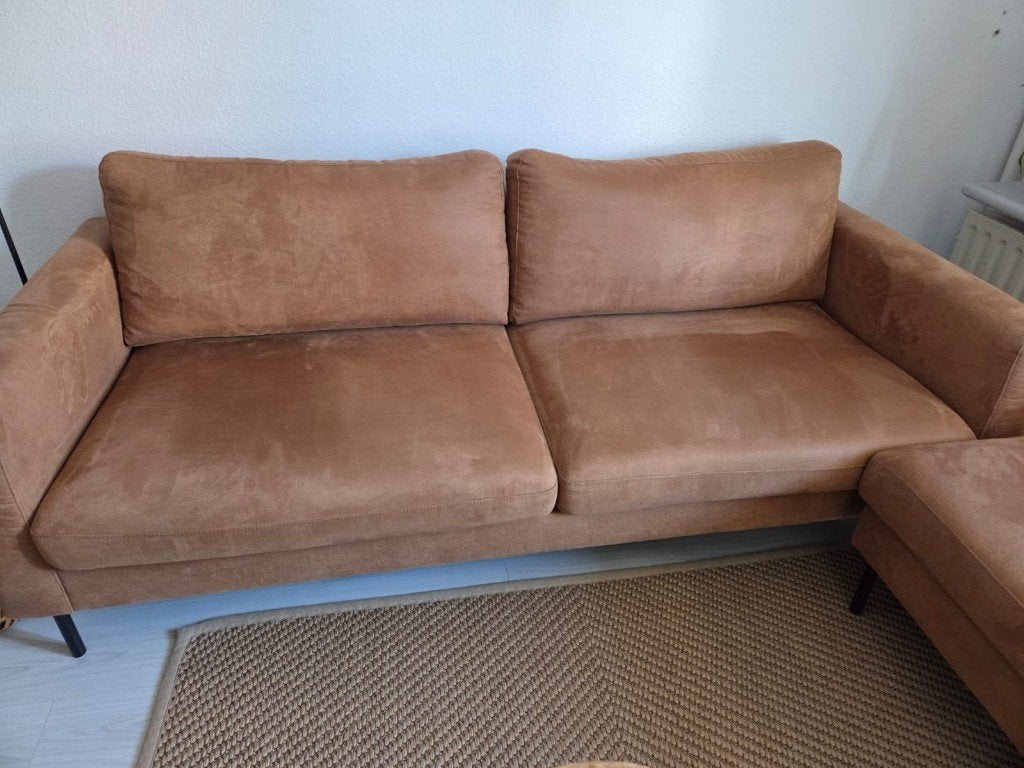 Moderne fauteuil bruin 3 zit met voetbank, Ophalen, Gebruikt, Modern landelijk, Driepersoons