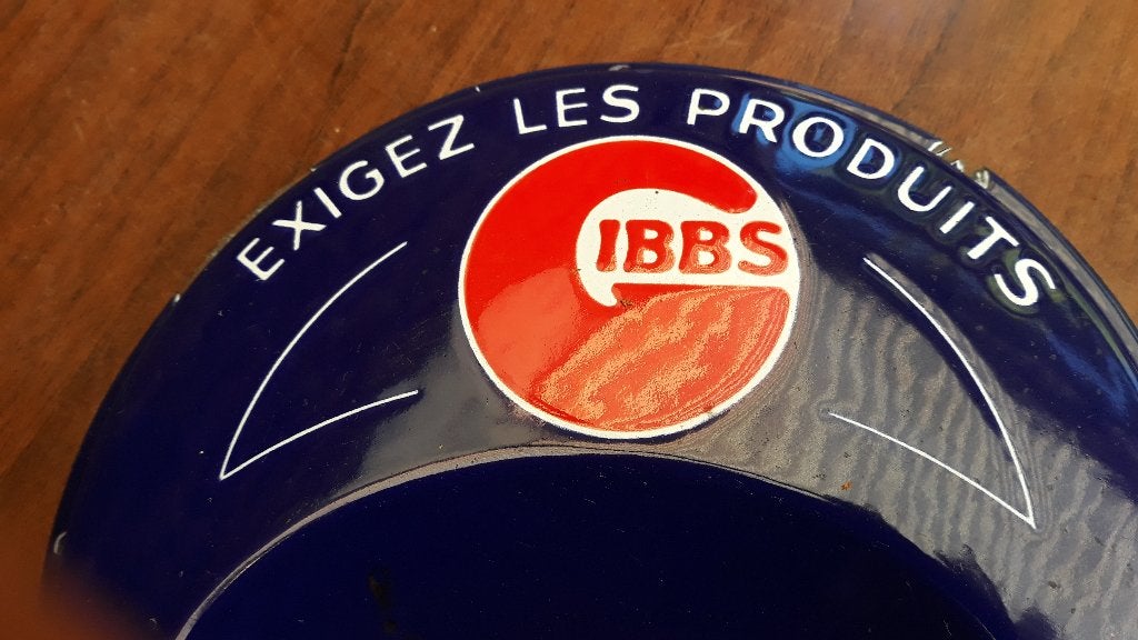 Ancien plateau émaillé pour les produits "GIBBS", Ophalen of Verzenden, Gebruikt, Reclamebord