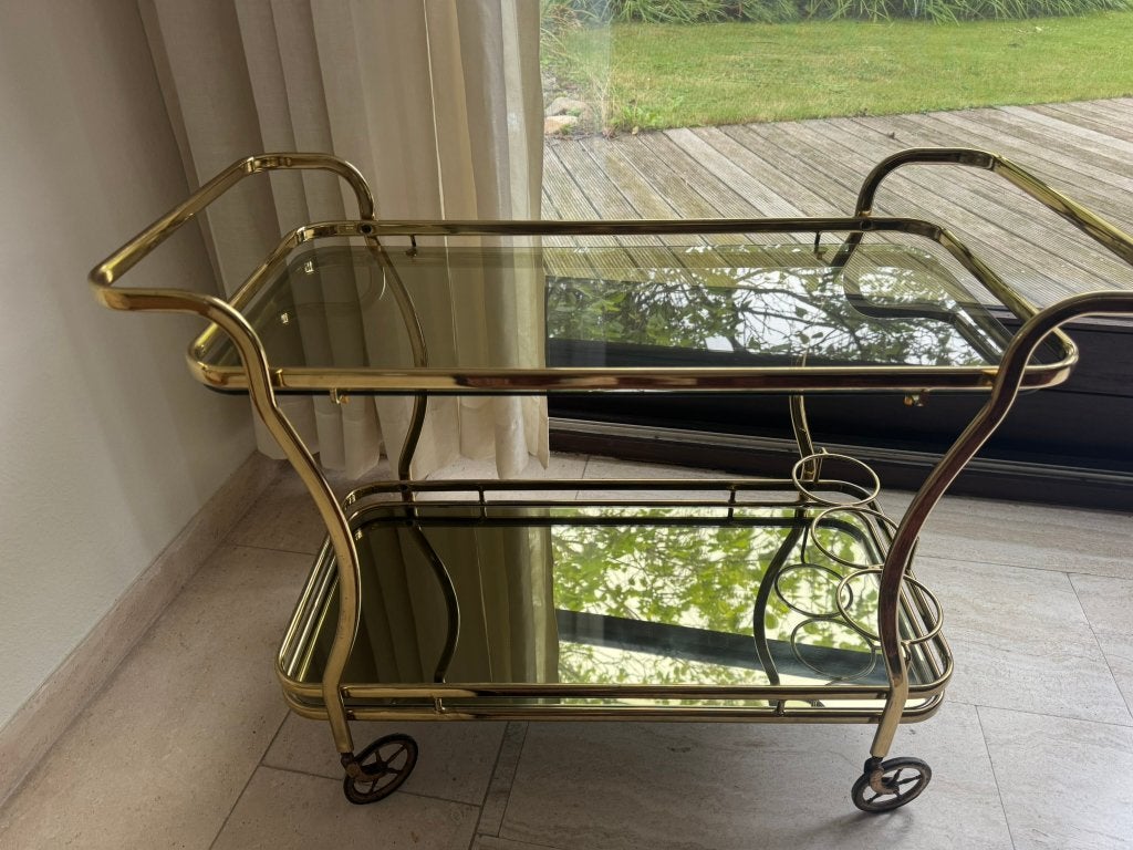 Chariot de service vintage en laiton avec verre fumé - 70/80, Enlèvement, Utilisé