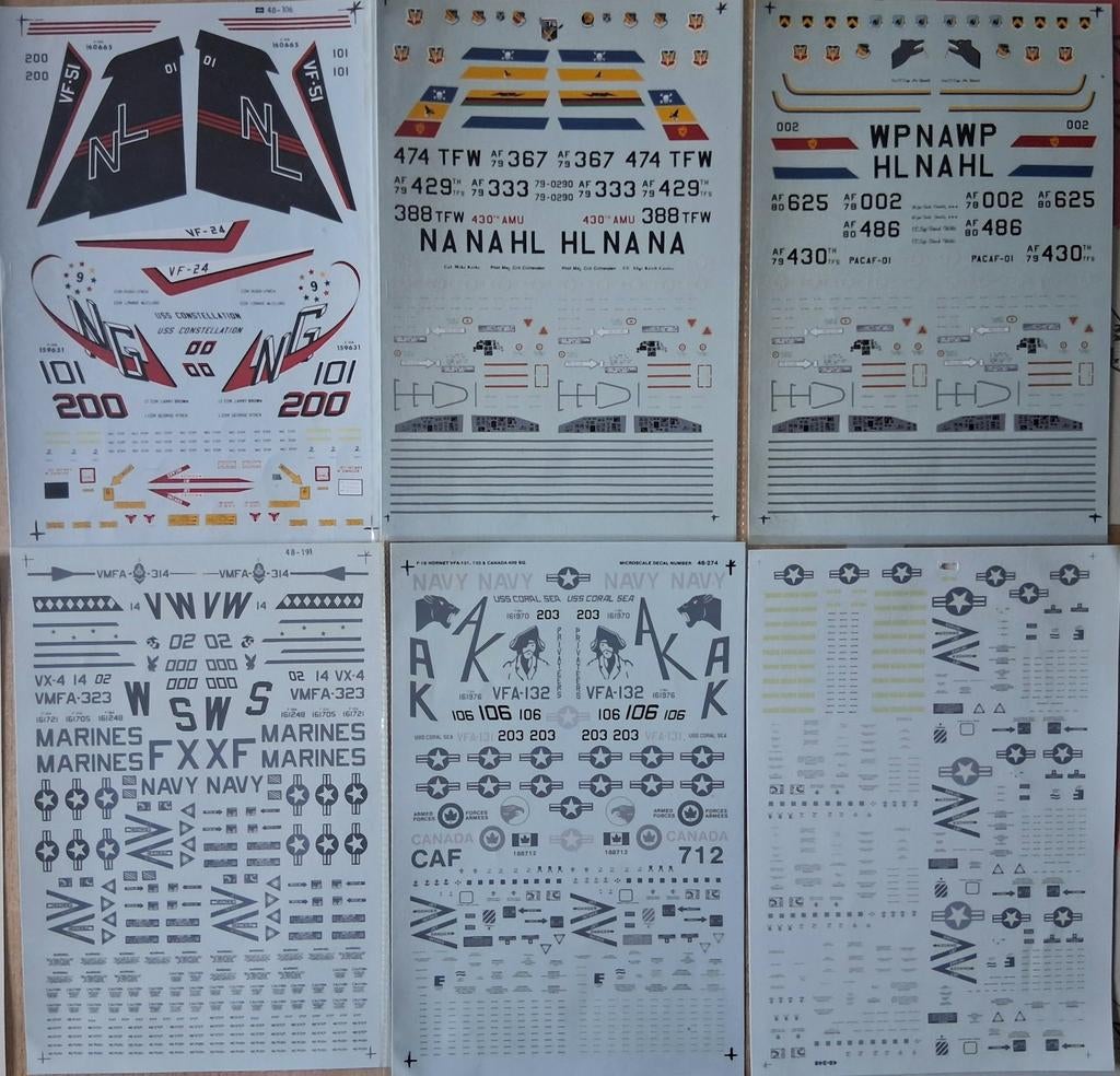 6 planches de décalcomanies spéciales F-14, F-16, F-18 1/48, Neuf, Enlèvement ou Envoi, Avion, Plus grand que 1:72