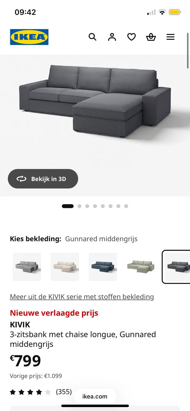 KIVIK IKEA 3-zitsbank met chaise longue, Gunnared grijs, Ophalen, Gebruikt, Kunststof