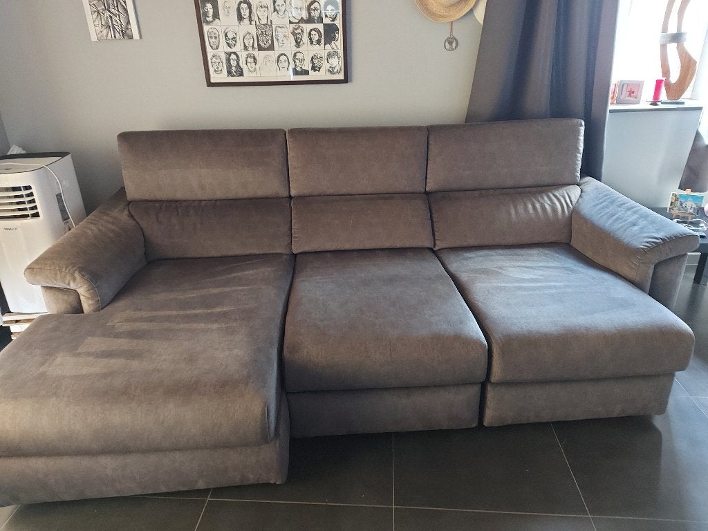 Poltrones zitbank voor 3 personen in fijn grijs fluweel, Huis en Inrichting, Ophalen, Zo goed als nieuw, Stof, Salon 3 places en fin velours gris très propre.