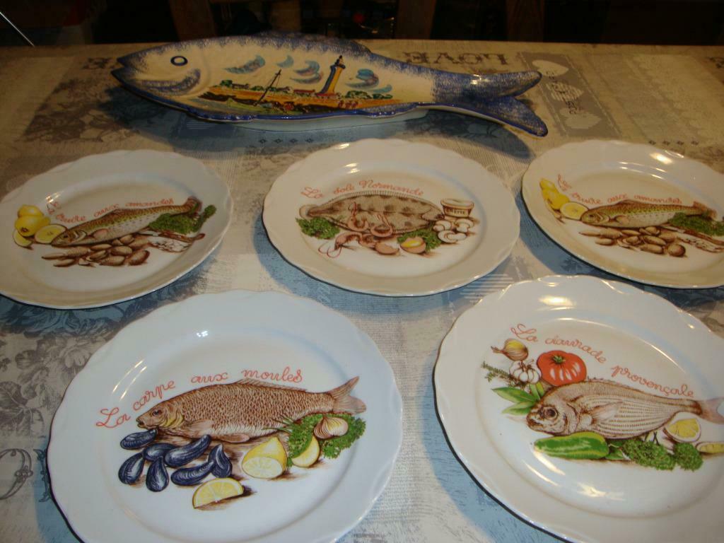 5 borden - handbeschilderde getekende visschaal, Huis en Inrichting, Keuken | Servies, Keramiek, Ophalen of Verzenden, Zo goed als nieuw