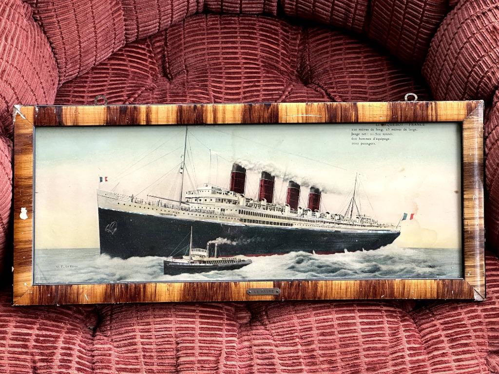Cadre vintage avec chromo Le Paquebot "France" E.L.D., Enlèvement ou Envoi, Avant 1940, Gravure, Utilisé