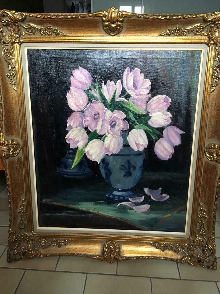 Tulpen: schilderij op doek 60 x. 52, Antiquités & Art, Art | Peinture | Classique, Enlèvement