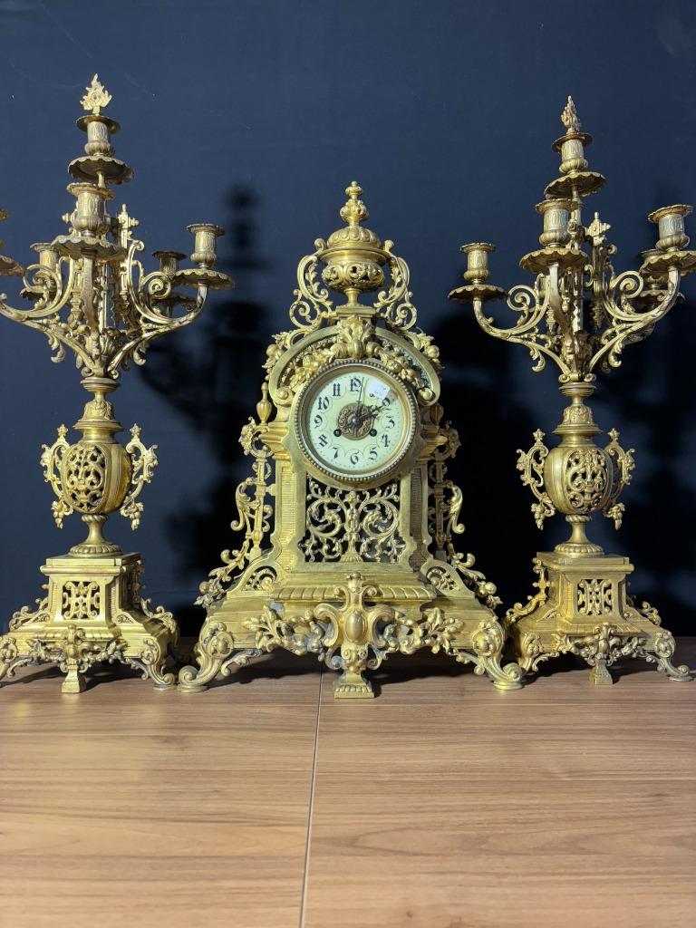 Antieke Franse Bronzen Regency-stijl KLOK + kandelaren (21), Antiek en Kunst, Antiek | Klokken, Ophalen of Verzenden